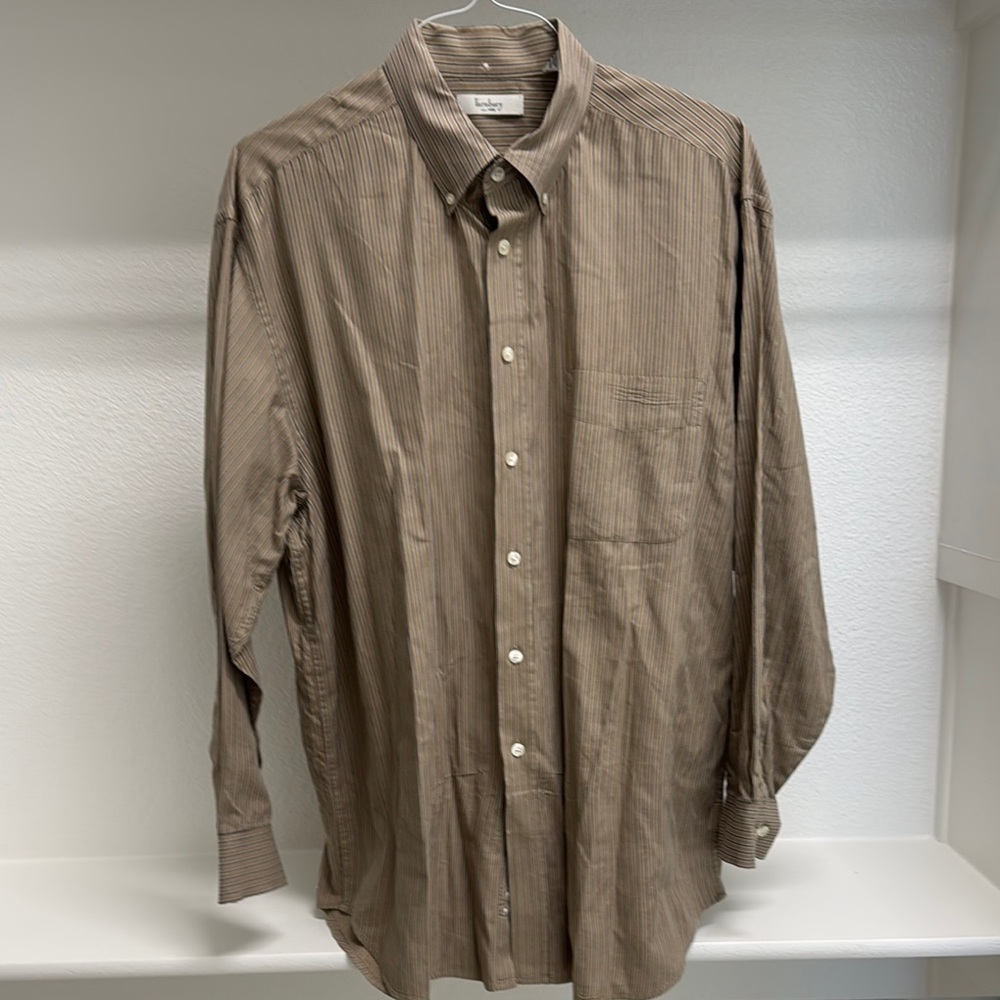 Turnbury Men’s XL 35 Long Sleeve Button Down Tan Blue Stripe 100% Cotton Shirt